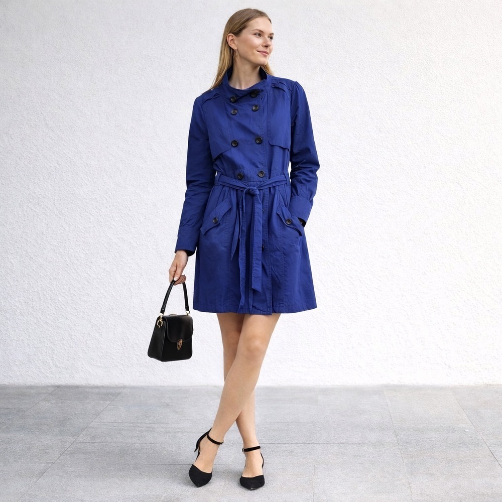 Anthropologie Tulle Blue Belted Double Breasted Long Rain Trench Jacket Overcoat